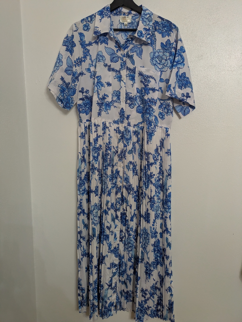 White and Blue Floral Maxi Shirt Dress